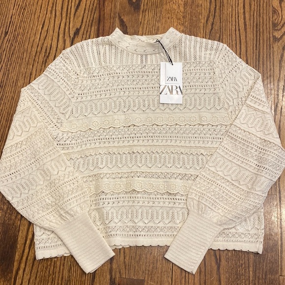 Zara Sweaters - Zara Boho Cream Contrasting Lace Mock Neck Sweater